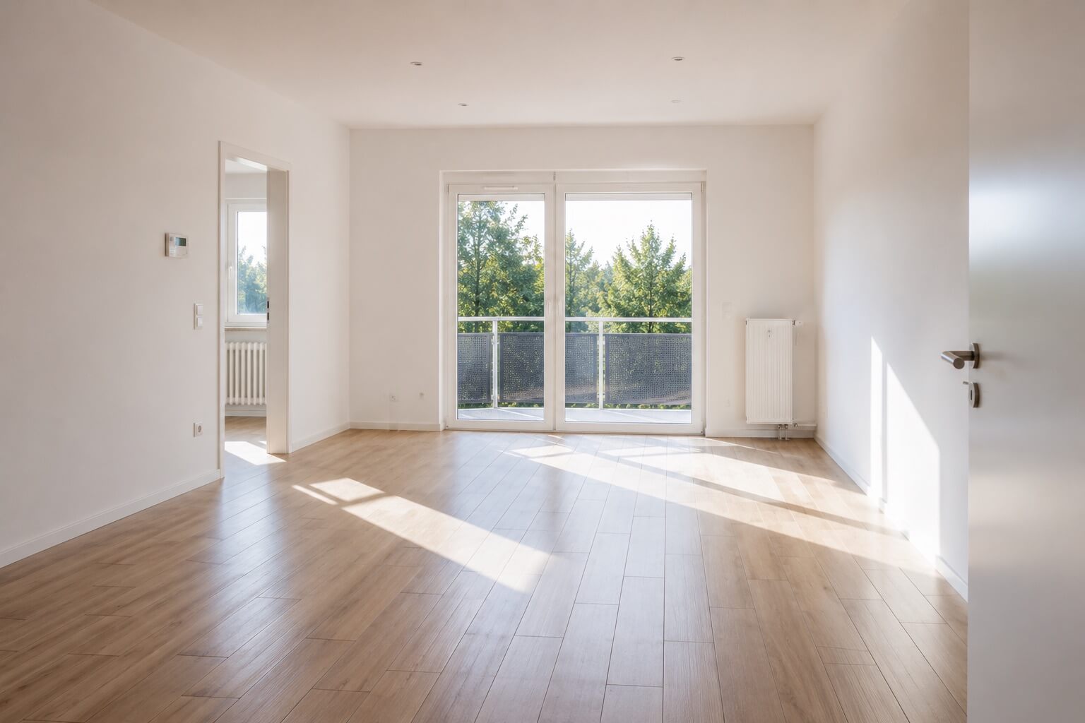 Leerer, frisch gereinigter Wohnraum mit glänzendem Boden