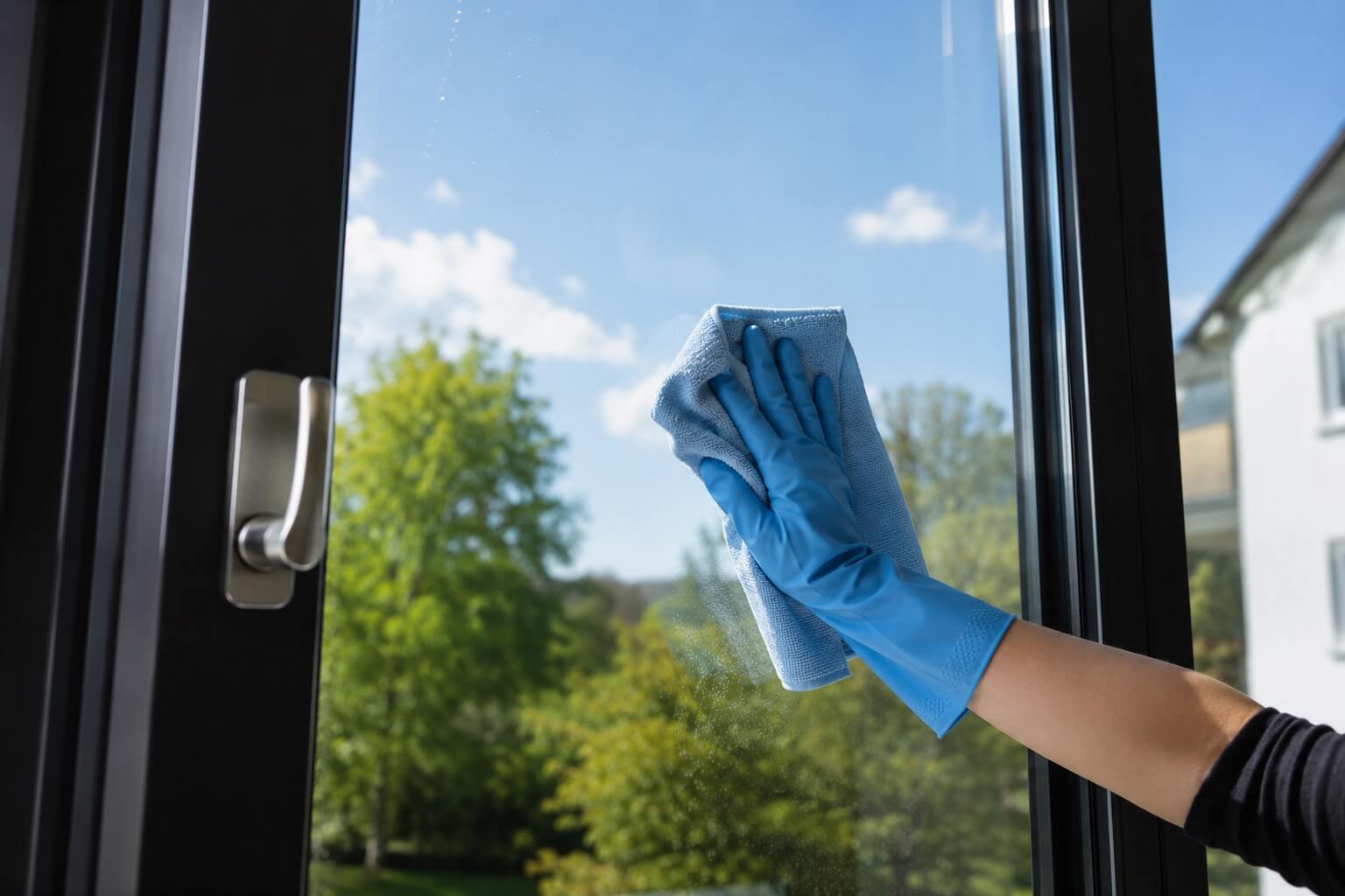 Fensterreinigung mit Abzieher an einer grossen Glasfront